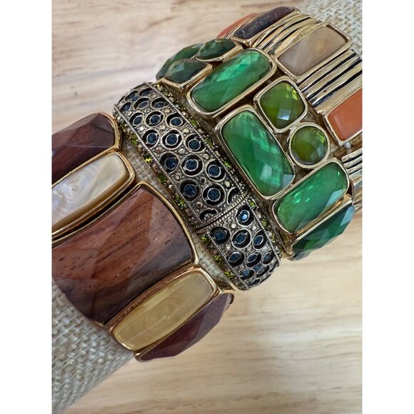 Lot Of 4 Stretch Bracelets With Green Orange & Brown Gemstone Accents & Gold-Ton - Picture 4 of 10